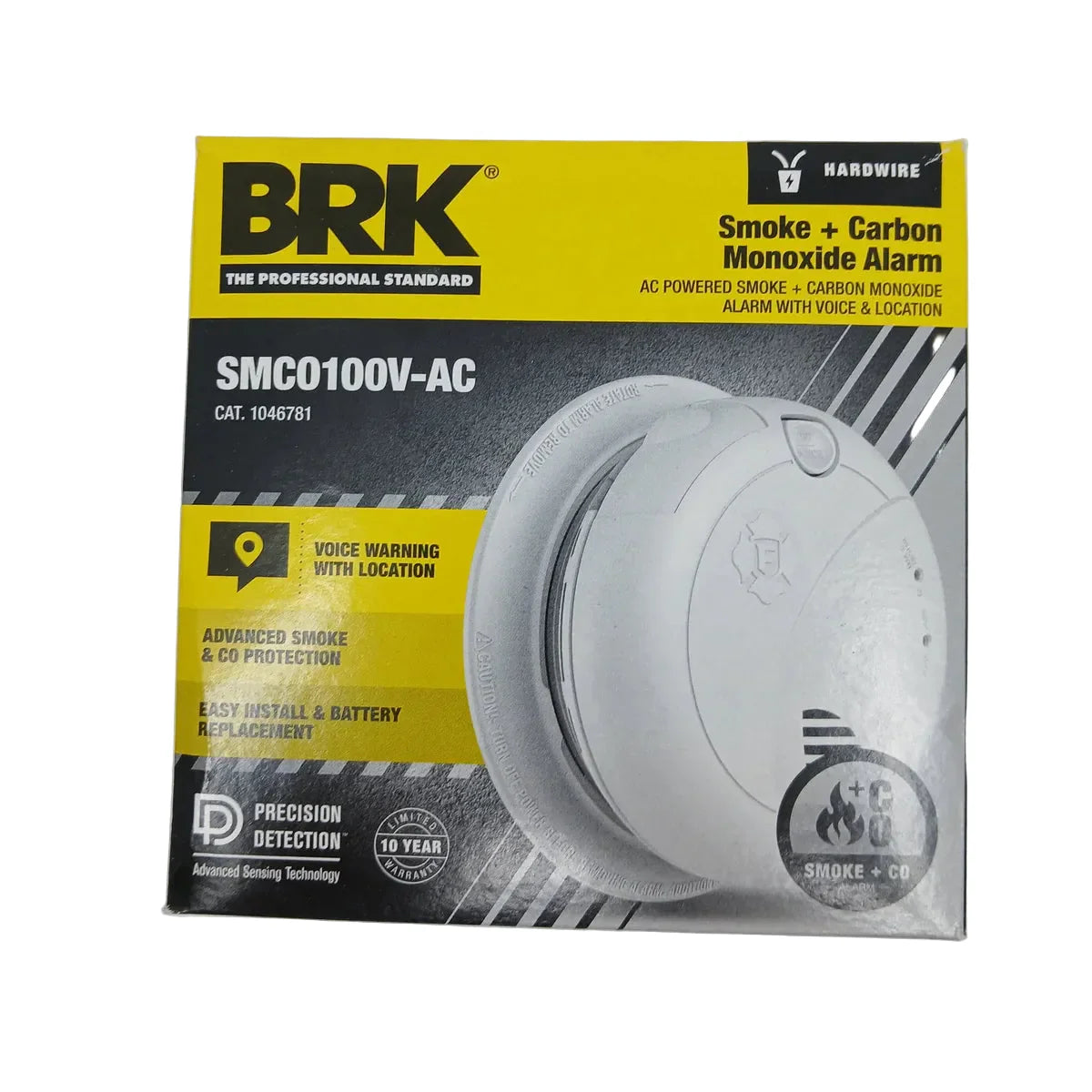 BRK SMCO100V-AC Smoke and CO alarm with voice alerts, mounted on ceiling in a home setting.