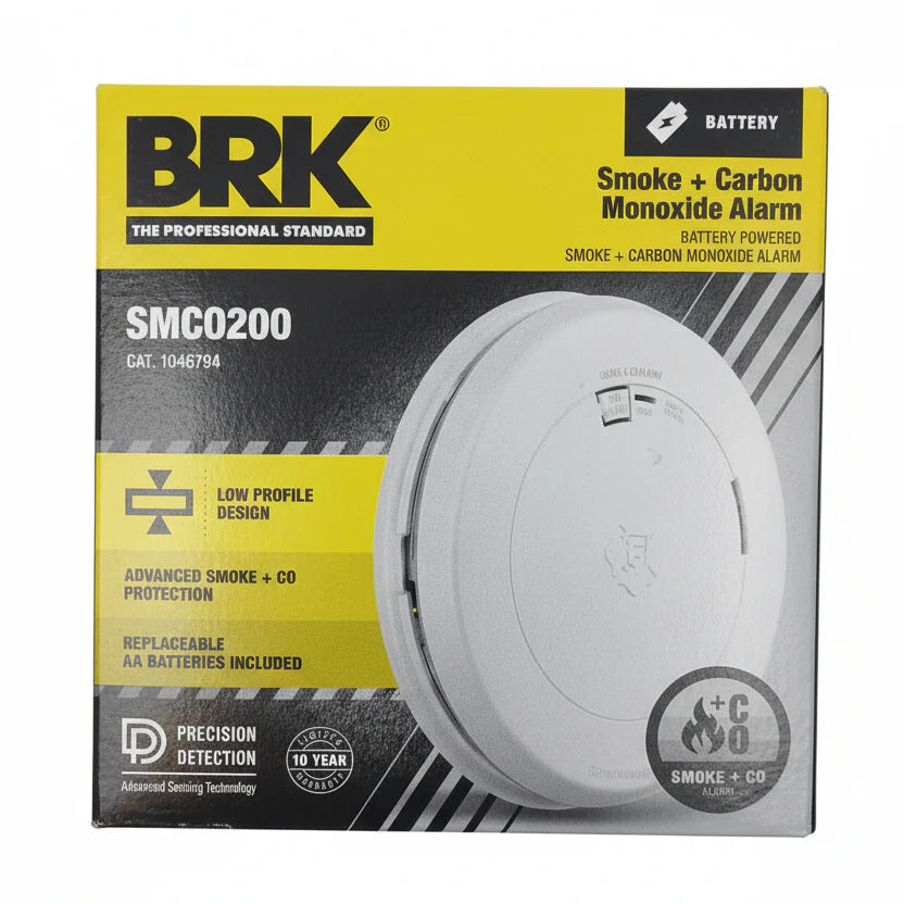 BRK SMCO200 Carbon Monoxide Alarm battery-operated device with digital display and test button, mounted on wall.