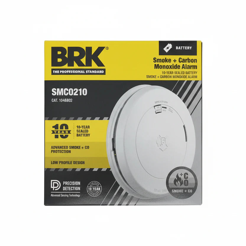 BRK SMCO210 smoke and carbon monoxide alarm with voice alerts, mounted on a ceiling with test and reset buttons visible
