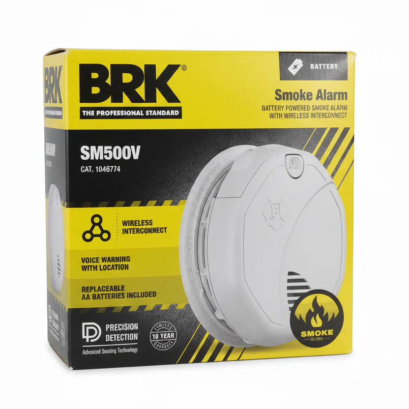 BRK SMI110 smoke alarm with battery operated design, featuring a round white detector with test and reset buttons.
