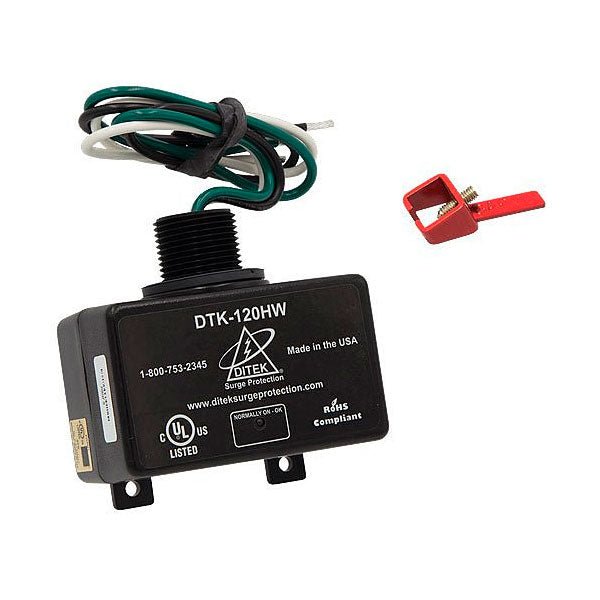 Ditek DTK-120HWLOK surge protection device mounted on an electrical panel, protecting electronic equipment from power surges.