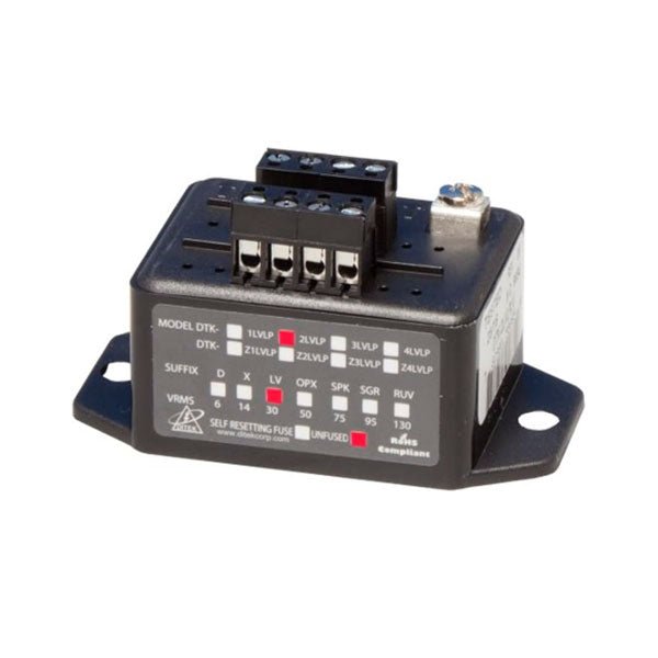 Ditek DTK-2LVLPLV surge protection device mounted on a panel with electrical components, designed for electrical safety.