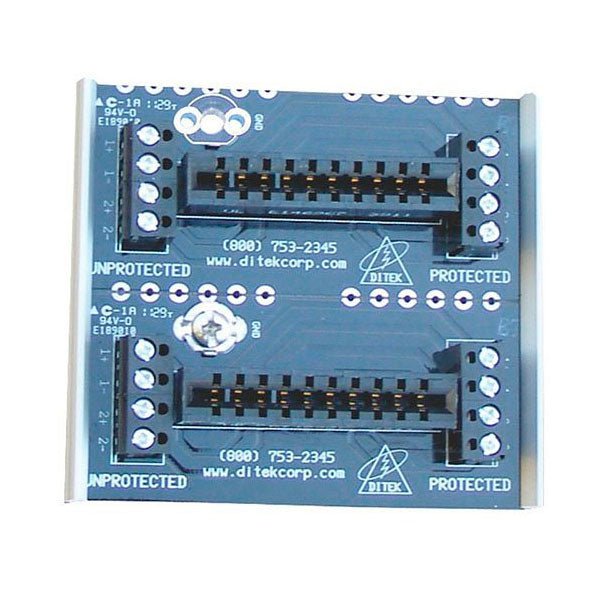 Ditek DTK-2MB surge protection device mounted on a panel, compact black box with connection ports for electrical safety.