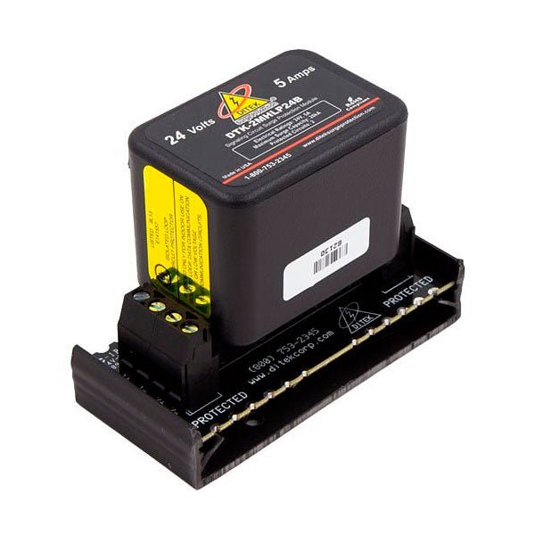 Ditek DTK-2MHLP24BWB surge protection device mounted on a panel, featuring multiple ports for electrical protection.