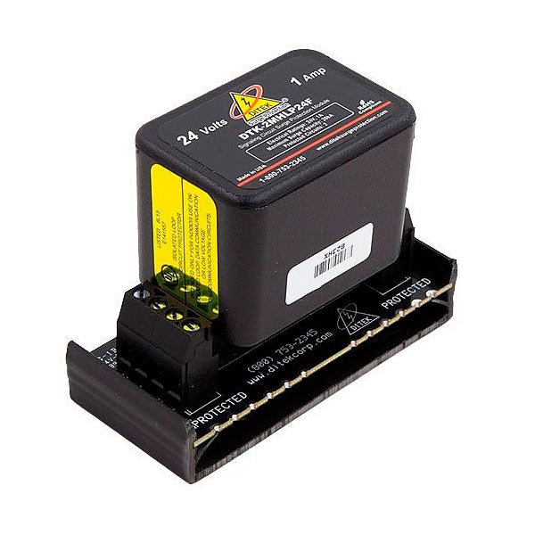 Ditek DTK-2MHLP24FWB surge protection device mounted on electrical panel, compact design for industrial surge protection.