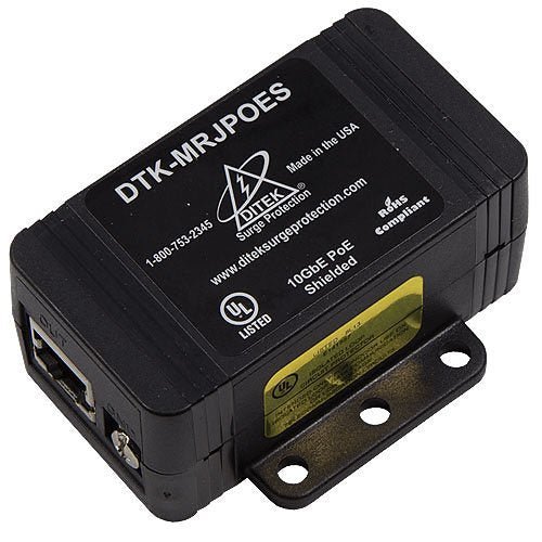 Ditek DTK-MRJPOES surge protection device installed on a network cable for reliable data line protection.