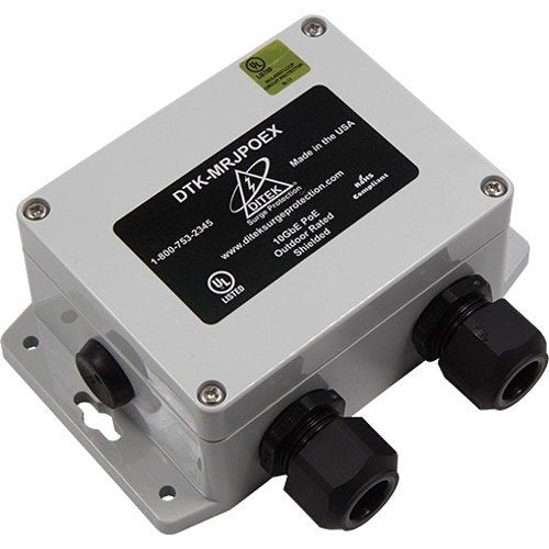Ditek DTK-MRJPOEX network surge protector with RJ45 ports, designed for reliable data line protection.