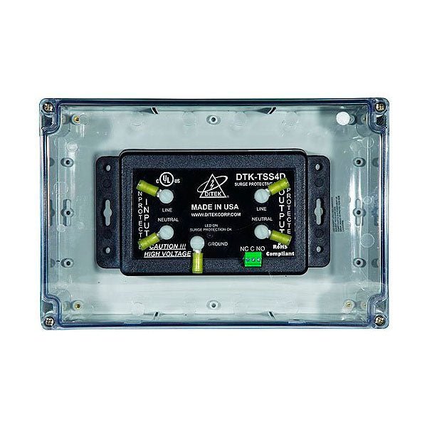 Ditek DTK-TSS4D surge protection device mounted on electrical panel, designed to safeguard electronic systems from power surges