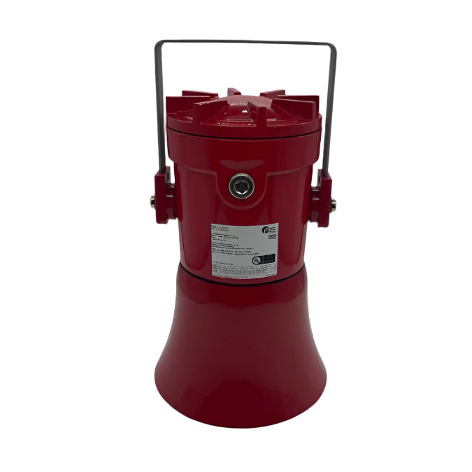 E2S by The Signal Source D2XL1FV725CN1A1R industrial alarm siren with red and black casing, mounted on a white background