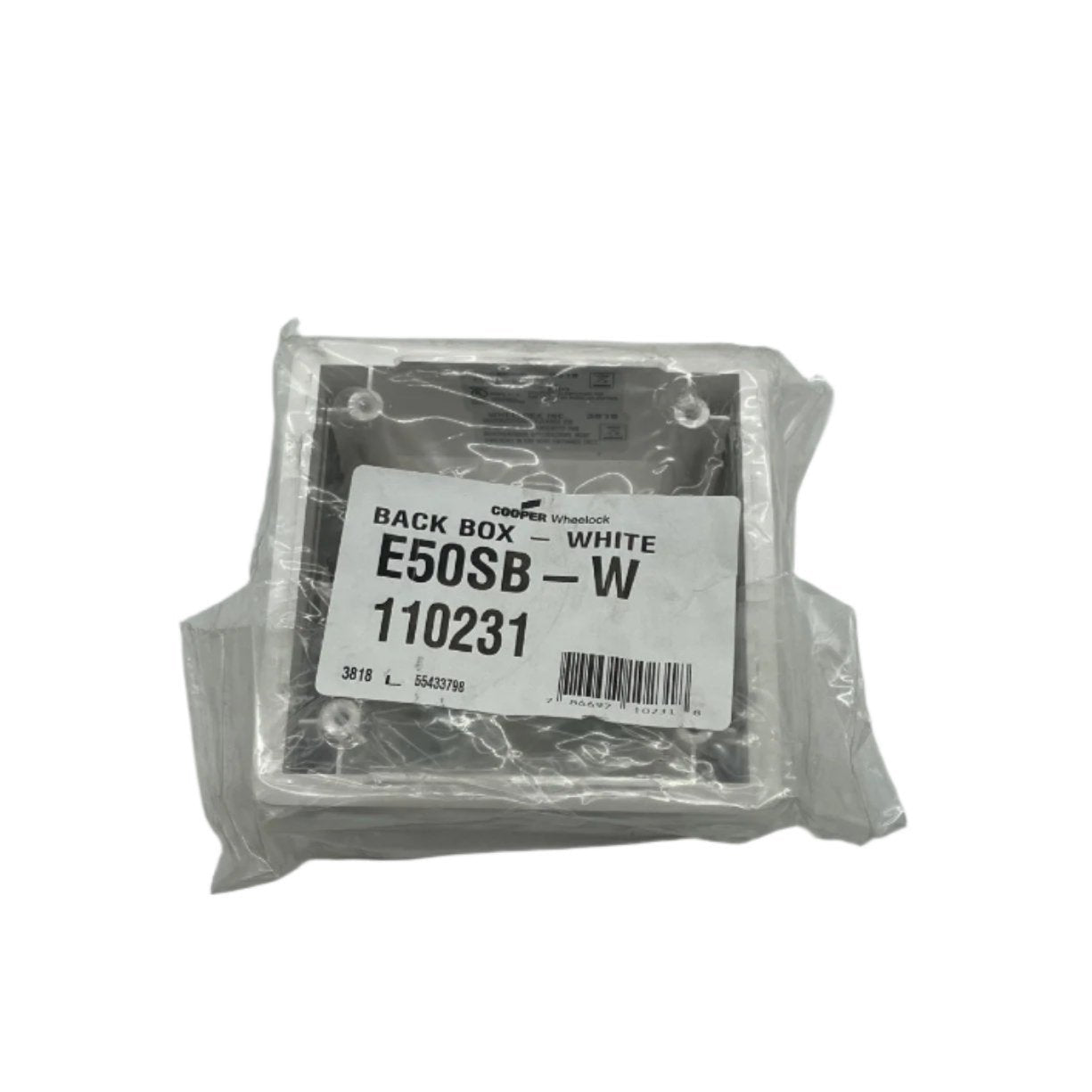 Eaton Wheelock E50SB-W backbox for fire alarm systems, metal enclosure with mounting holes, shown with electrical components inside.