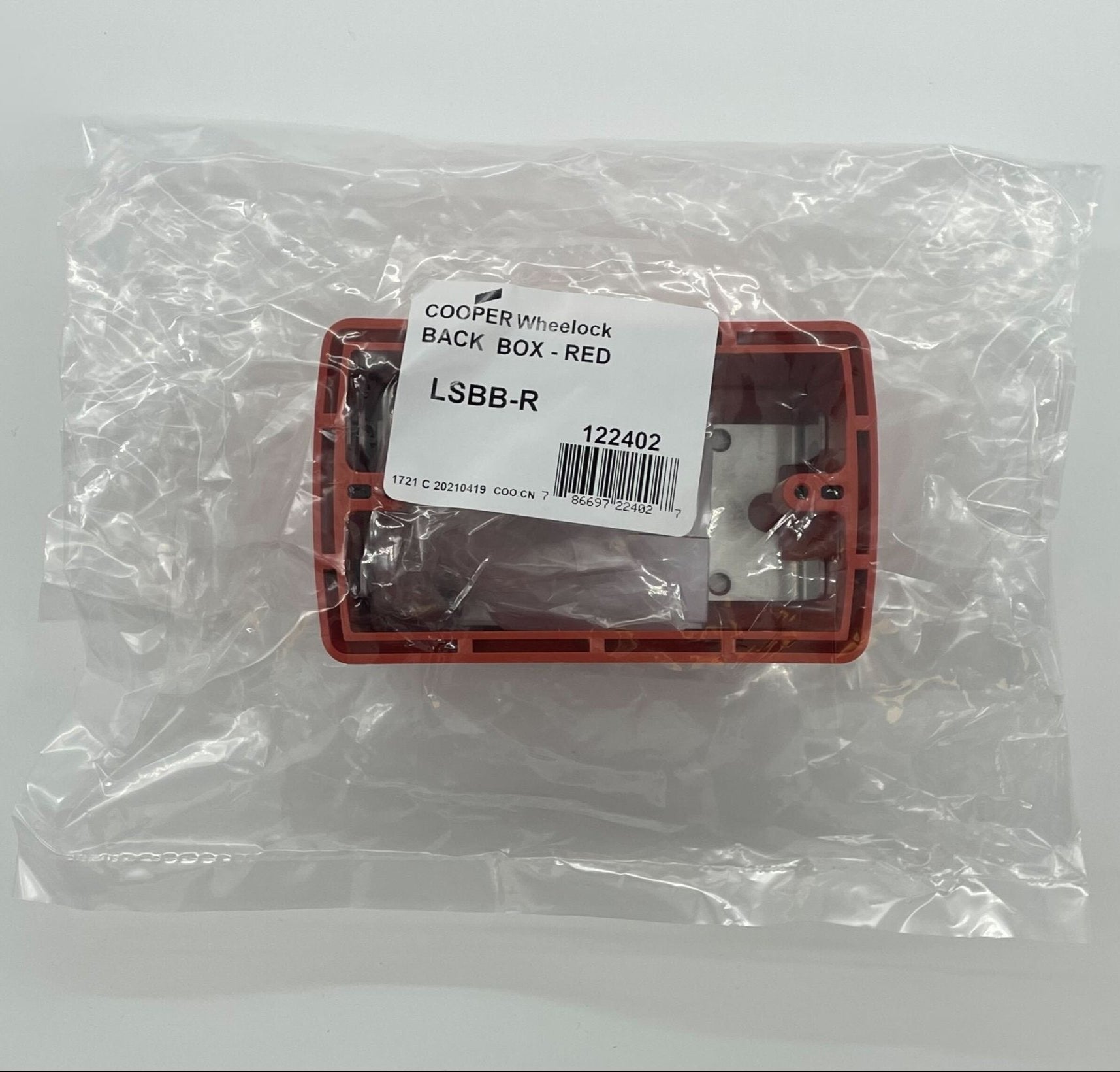 Eaton Wheelock LSBB-R backbox for electrical systems, shown in a clean white metal enclosure with mounting brackets.