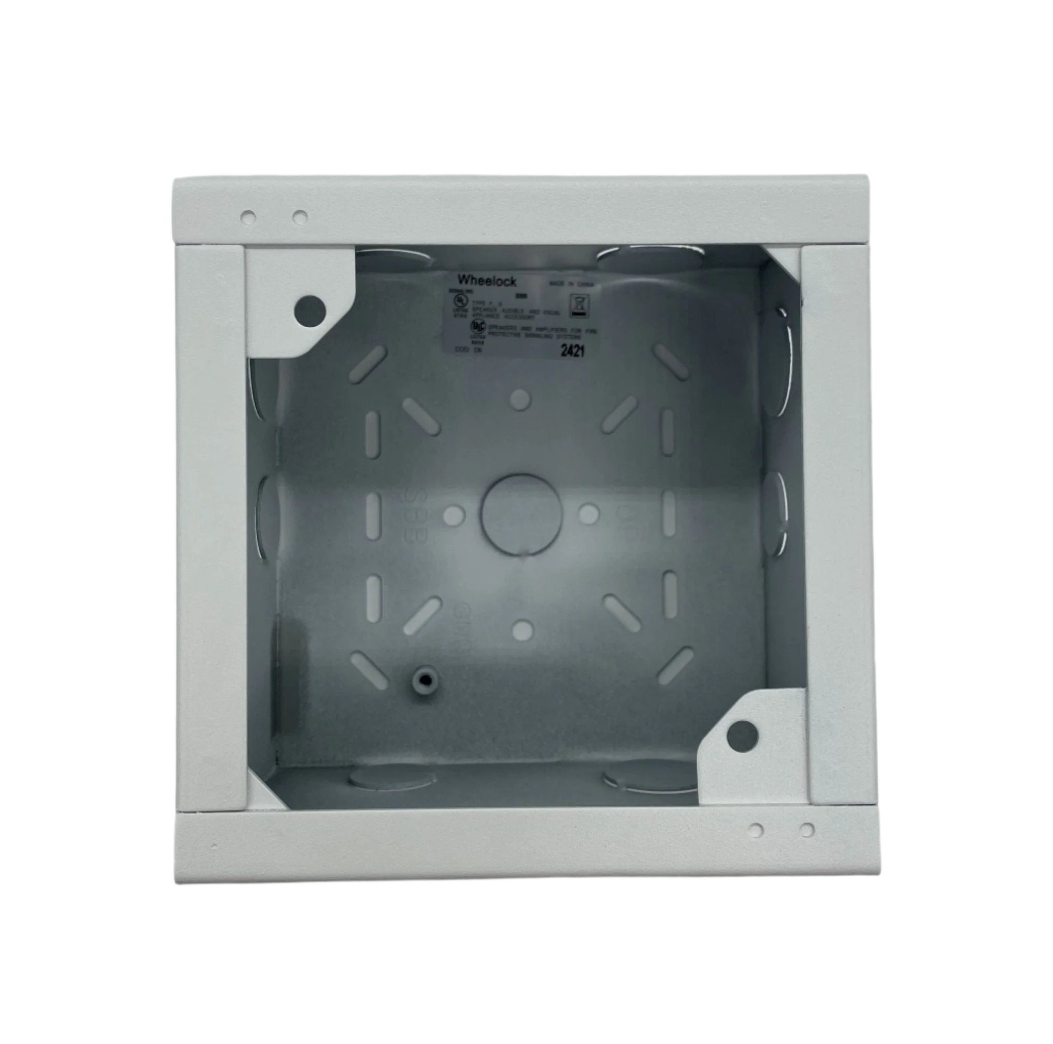 Eaton Wheelock SBB-W backbox for electrical wiring, shown in a close-up view with mounting details and product branding.