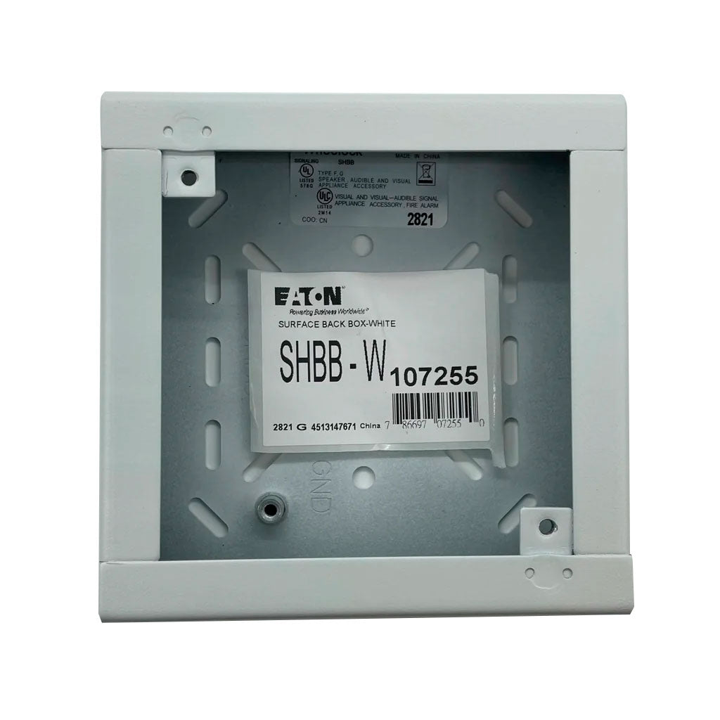 Eaton Wheelock SHBB-W backbox mounted on wall, metal electrical enclosure for wiring and device installations.