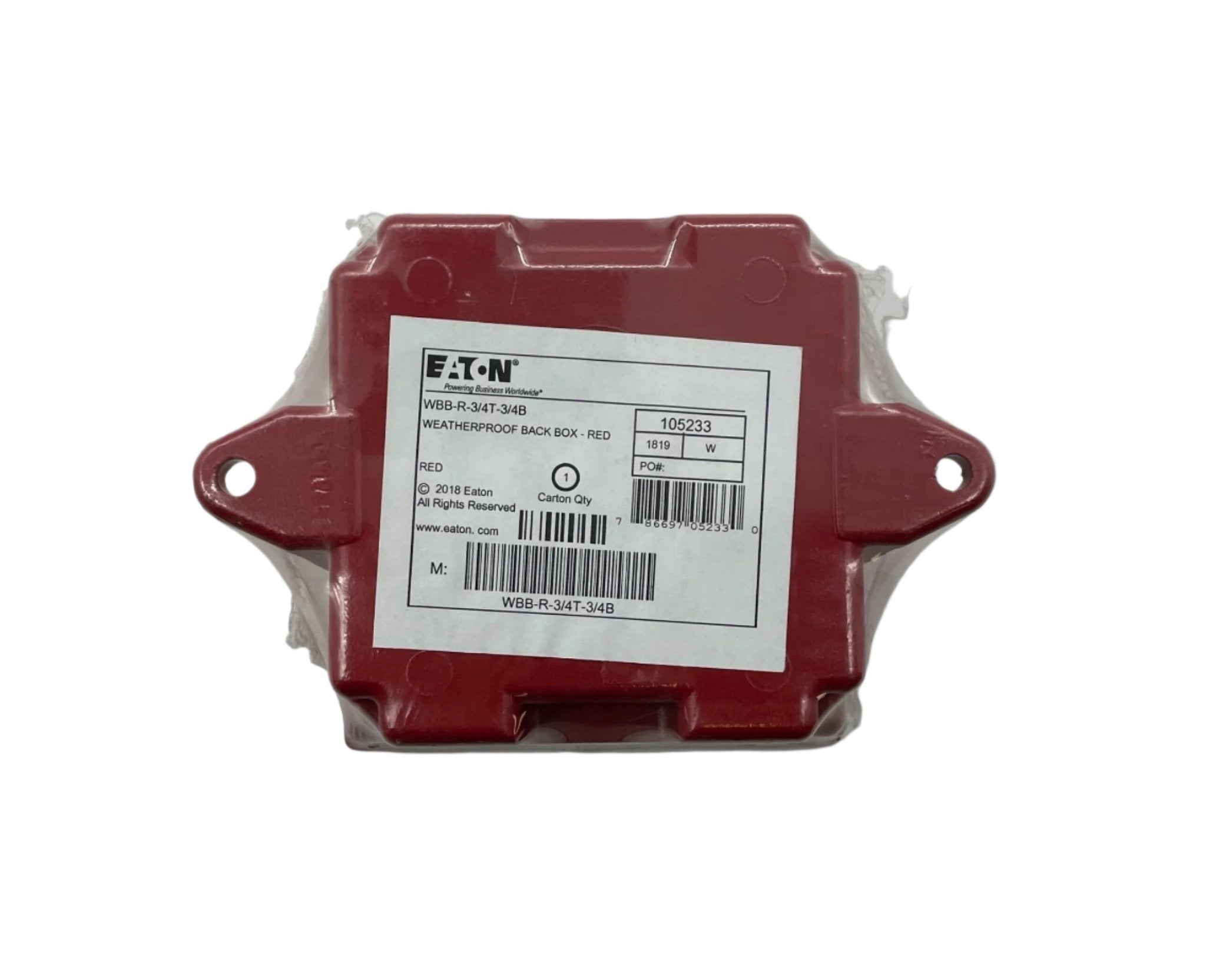 Eaton Wheelock WBB-R-3/4T-3/4B backbox, metal enclosure with knockout openings for electrical wiring, mounted on a wall.
