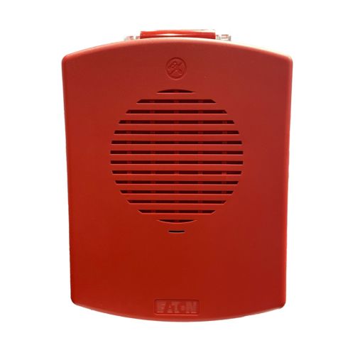 Eaton Wheelock EL3RMT-NR red emergency stop button with mounting hardware on a white background.