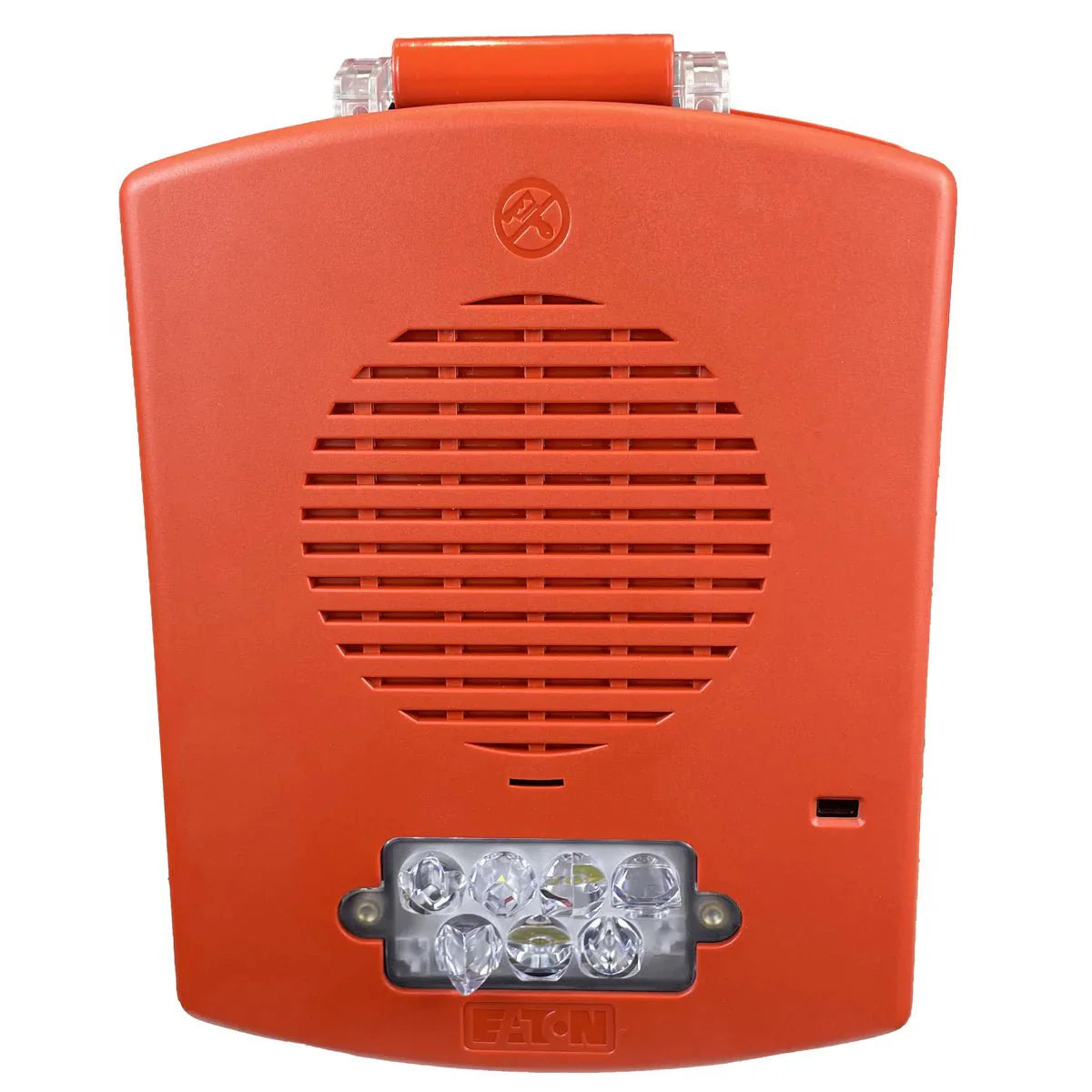Eaton Wheelock EL4XHS-FR emergency horn strobe light with red housing and clear lens, mounted on a wall.