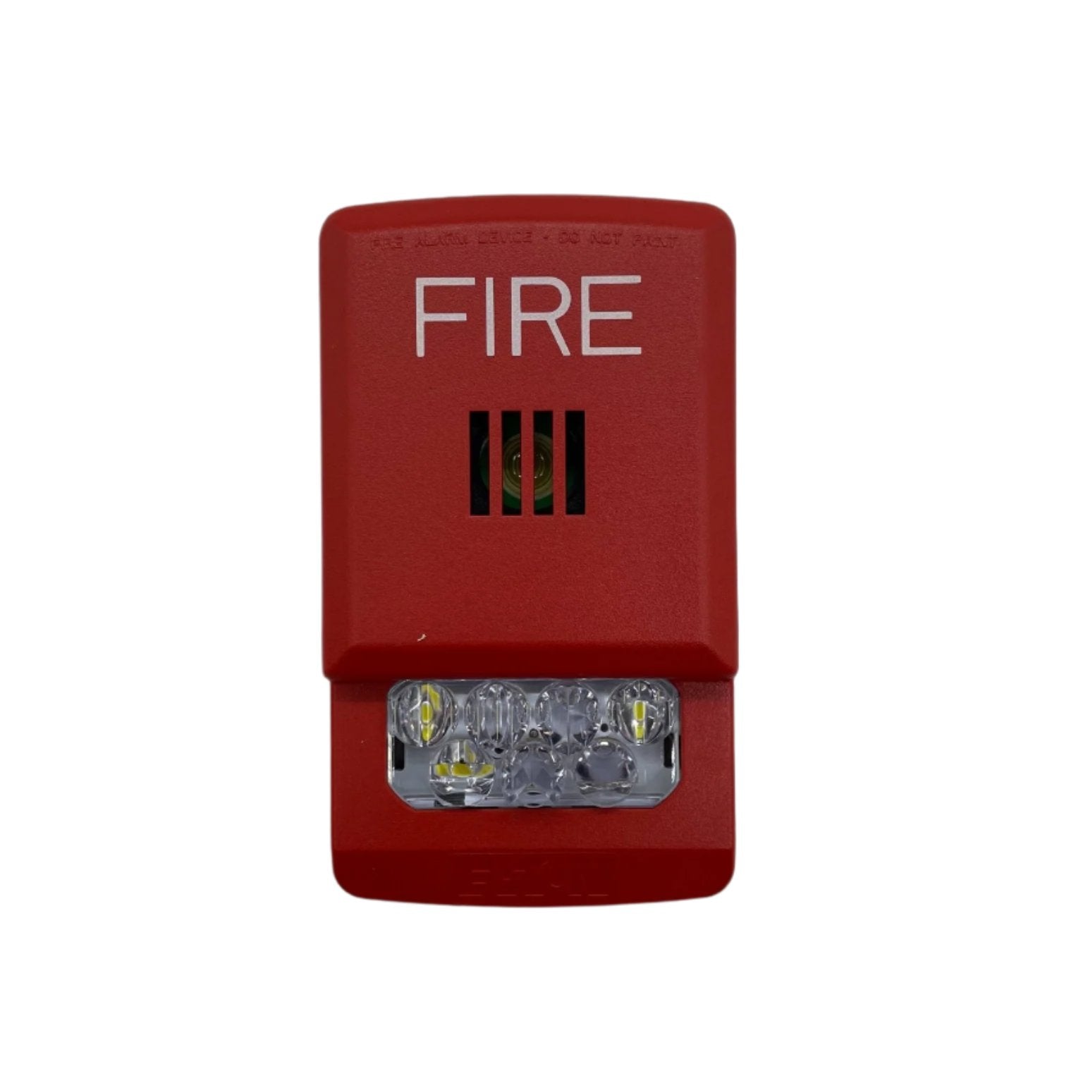 Eaton Wheelock ELHSR horn strobe alarm with red horn and clear strobe light, mounted on a white background.