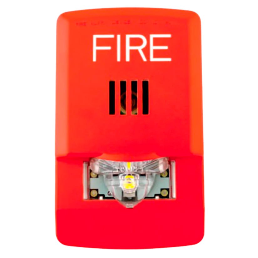 Eaton Wheelock LHSR3 horn strobe alarm device mounted on wall, featuring a red horn and clear strobe light for emergency alerting.