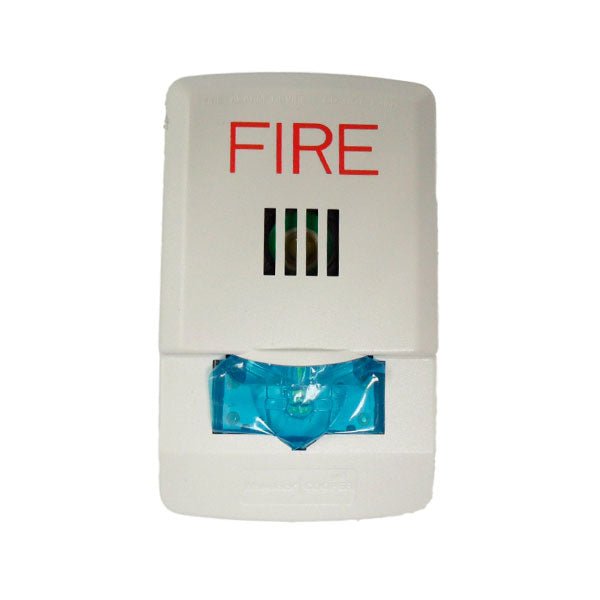 Eaton Wheelock LHSW horn strobe alarm device with yellow housing and mounting hardware on a white background.