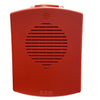 Eaton Wheelock EL3RHN-NR alarm horn with red cover and mounting bracket, designed for emergency alert systems.