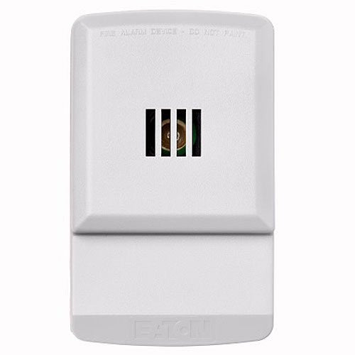 Eaton Wheelock ELHNW alarm horn with black plastic housing and mounting bracket for security and alarm systems.