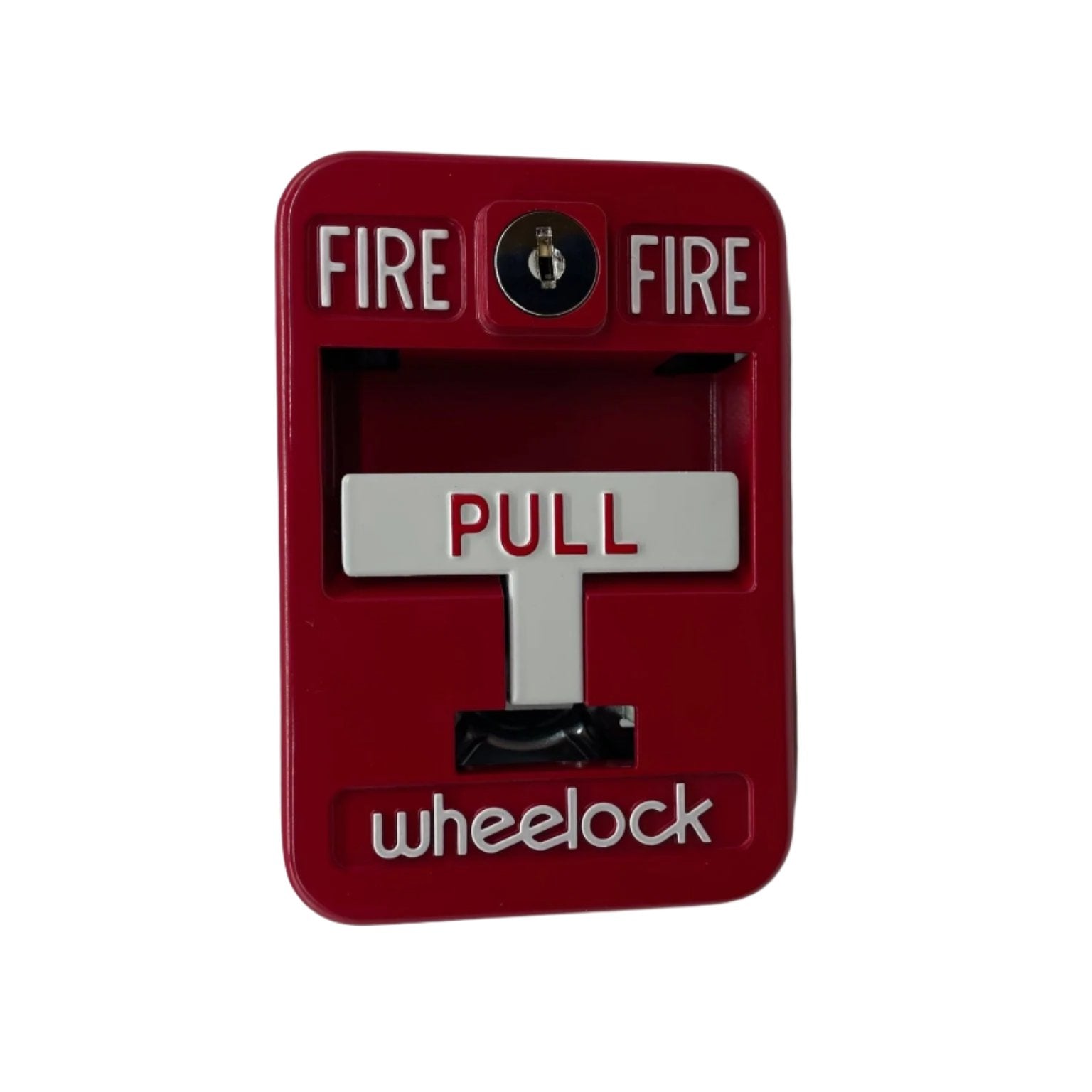 Eaton Wheelock MPS-100 pull station mounted on wall, black metal housing and red pull handle for emergency alarm activation.