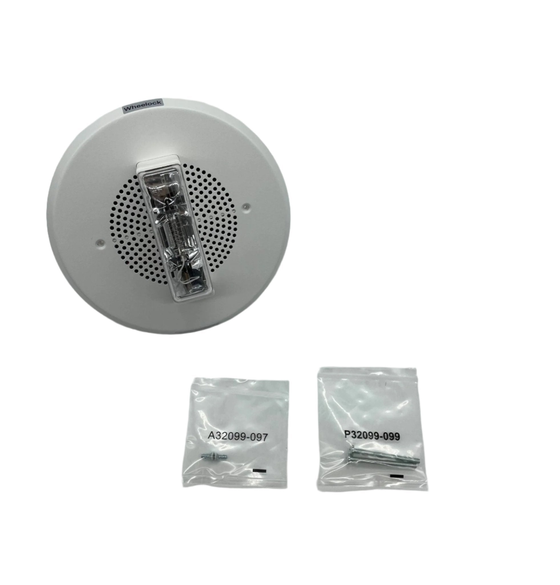 Eaton Wheelock E90-24MCCH-FW speaker strobe with white housing and adjustable mounting bracket, designed for emergency notification.