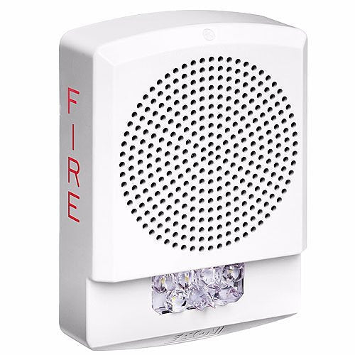 Eaton Wheelock ELSPSTW speaker strobe light with red lens and mounting bracket, designed for fire alarm signaling.