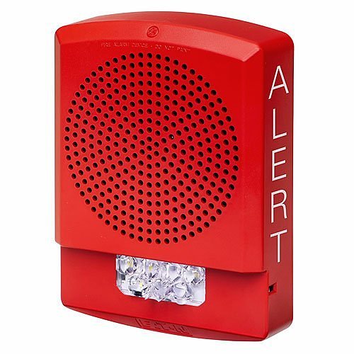 Eaton Wheelock ELSPSTR-AL fire alarm station with red push button and clear labeling, mounted on a wall.
