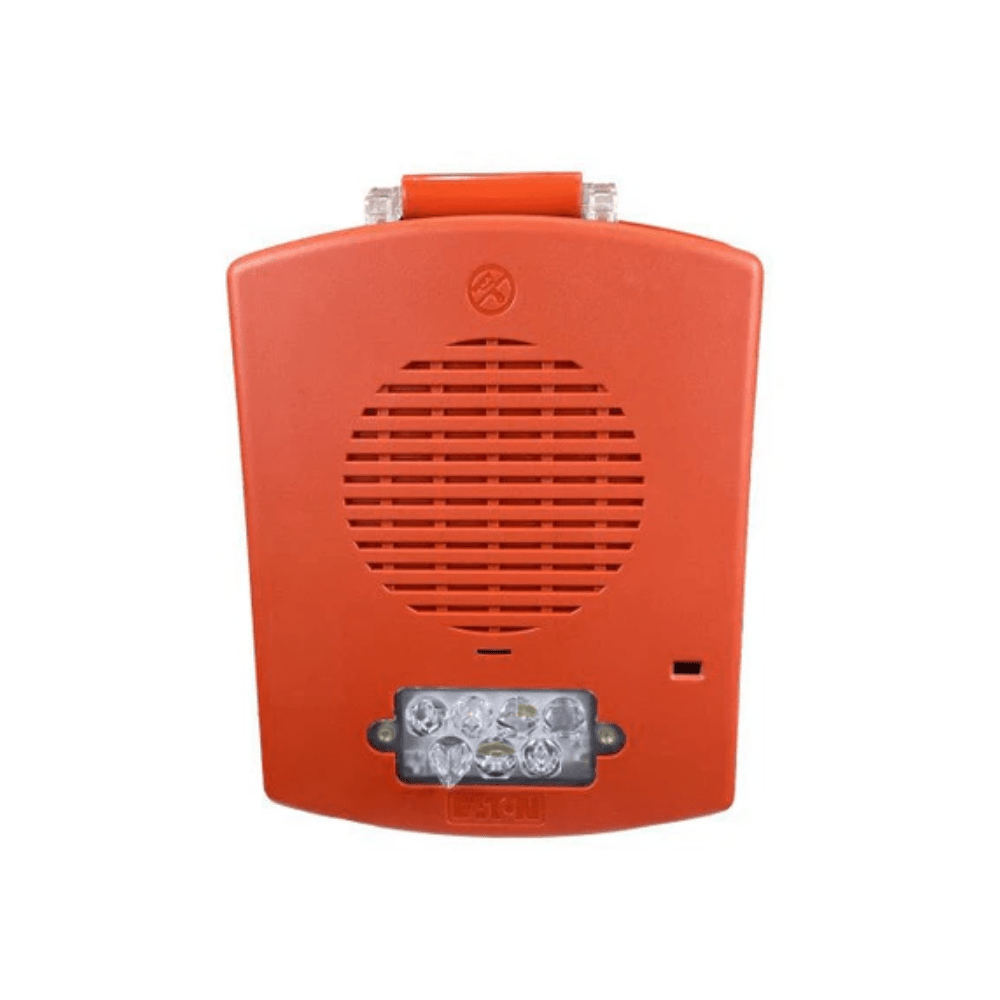 Eaton Wheelock EL4XMTST-FR emergency strobe light with red lens mounted on a white background