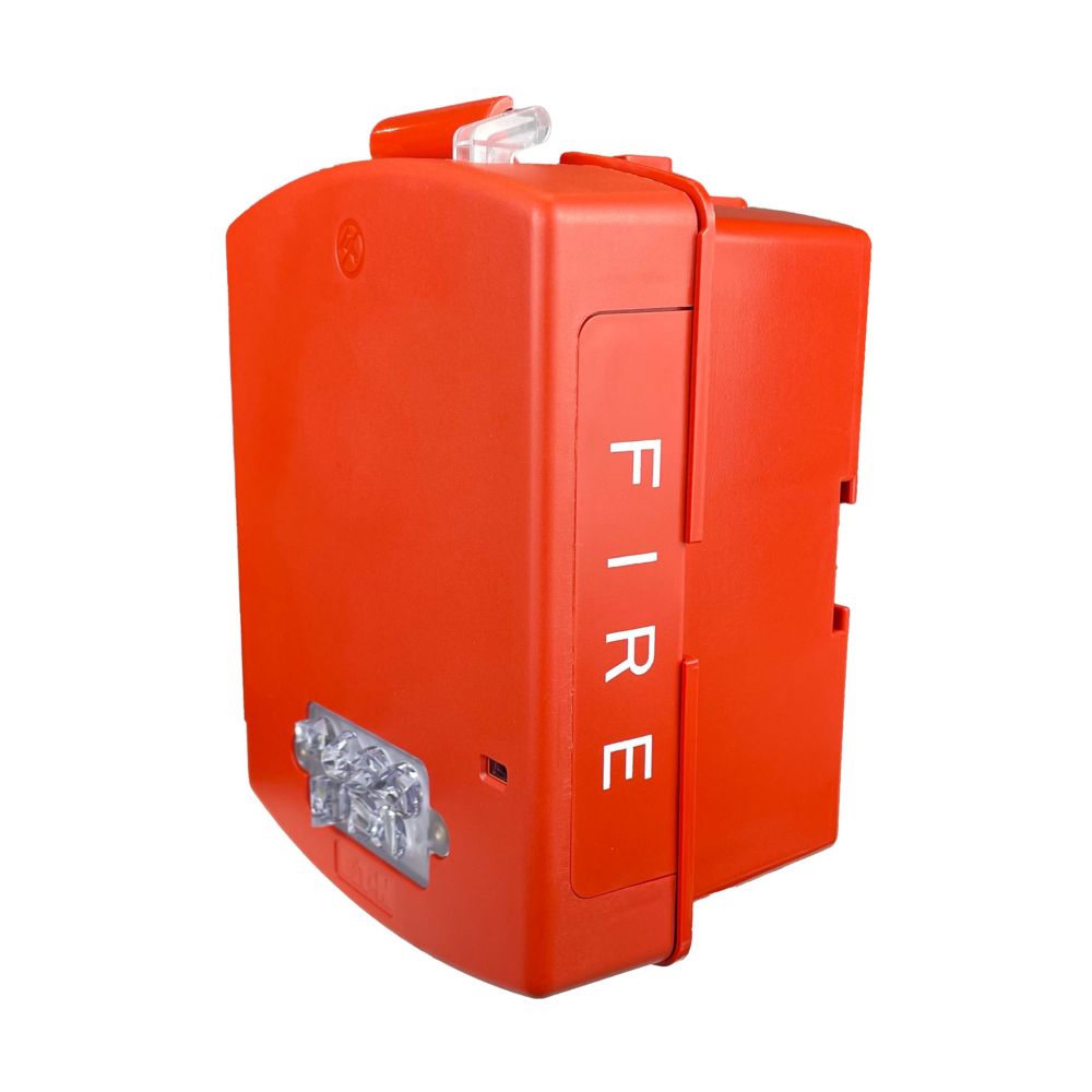 Eaton Wheelock EL4XST-FR emergency signaling strobe light with red lens and mounting hardware for industrial safety.