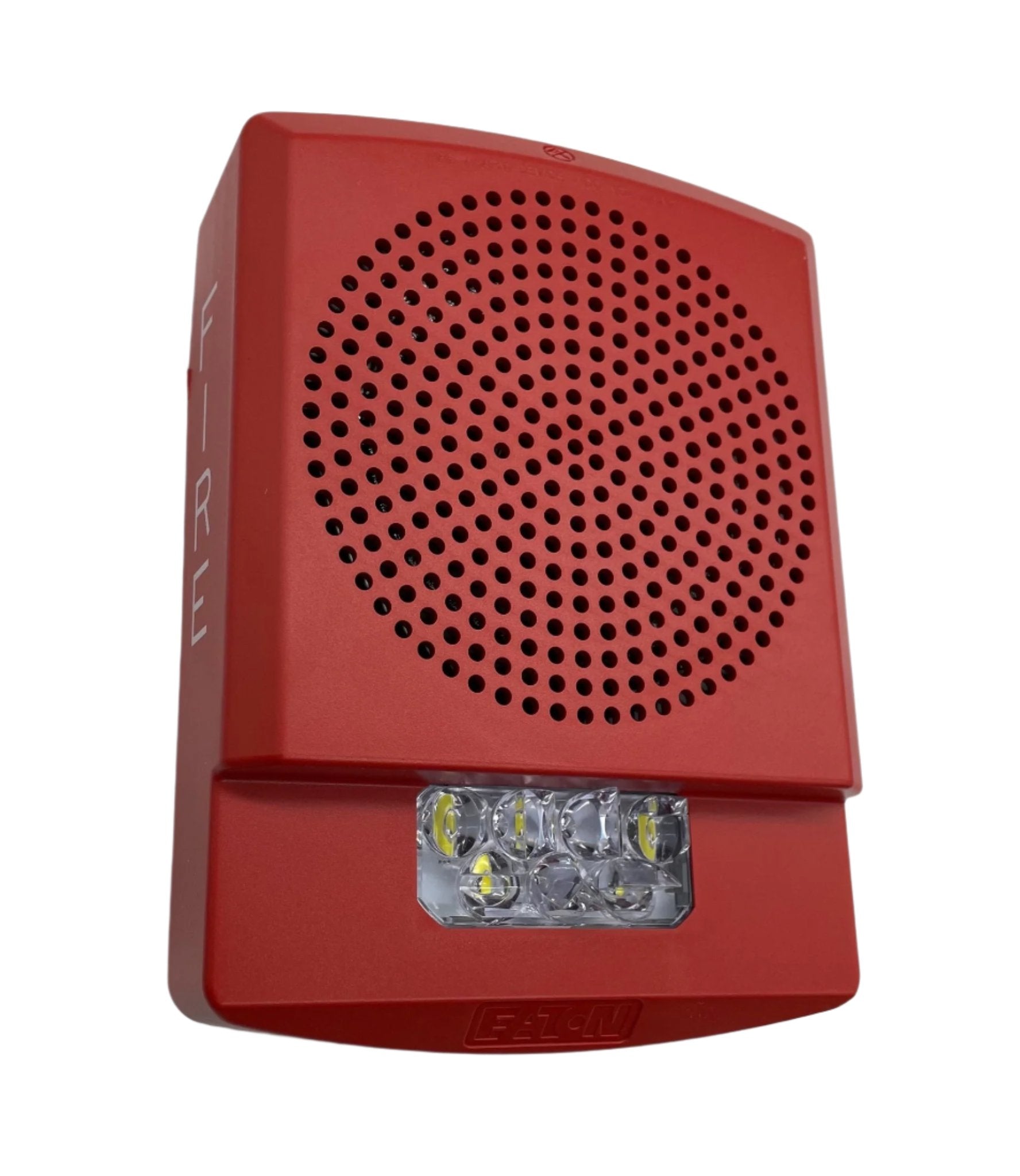 Eaton Wheelock ELFHSR emergency horn strobe with red housing and mounting bracket for alarm systems.