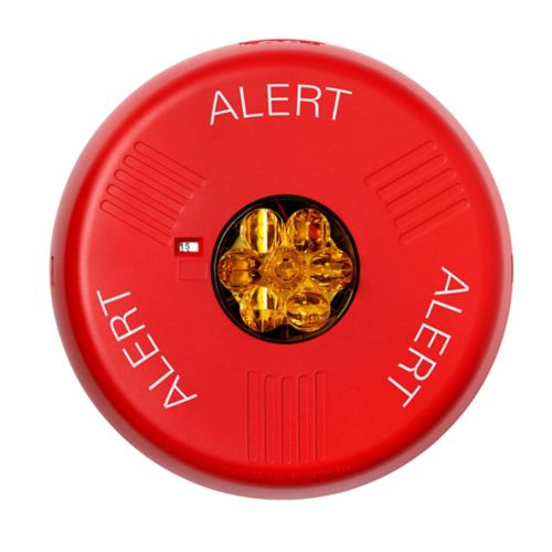 Eaton Wheelock ELSTRC-ALA fire alarm with alarm strobe light and control unit, mounted on a wall in a commercial setting.