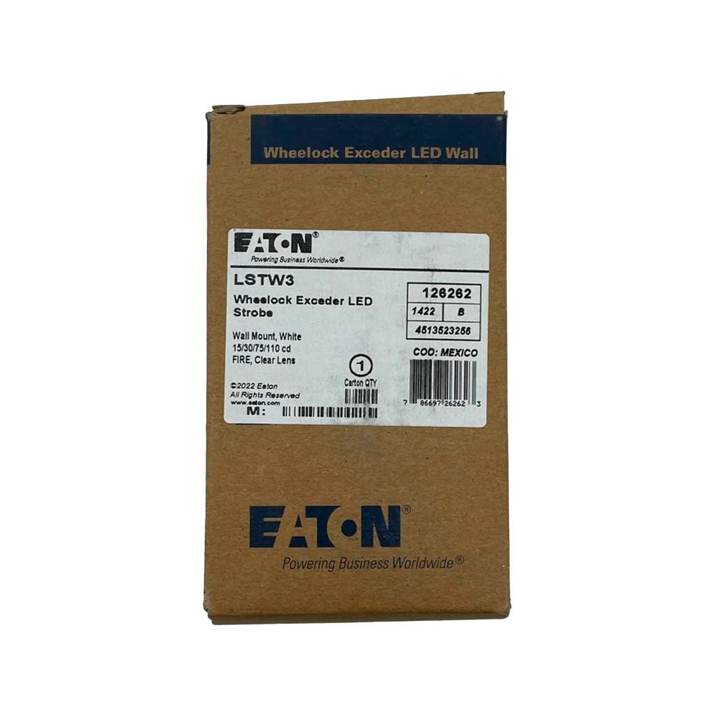 Eaton Wheelock LSTW3 strobe light with clear lens and mounting hardware for visual signaling and safety alerts.