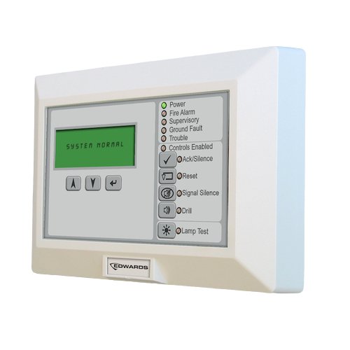 Edwards RLCD-C fire alarm sensor with ULC certification mounted on ceiling, part of Edwards fire alarm system.