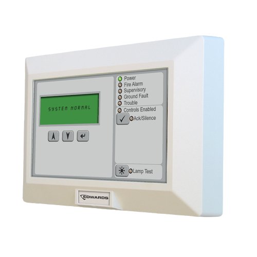 Edwards RLCD fire alarm sensor with ULC certification, mounted on a ceiling, in a commercial safety system setup