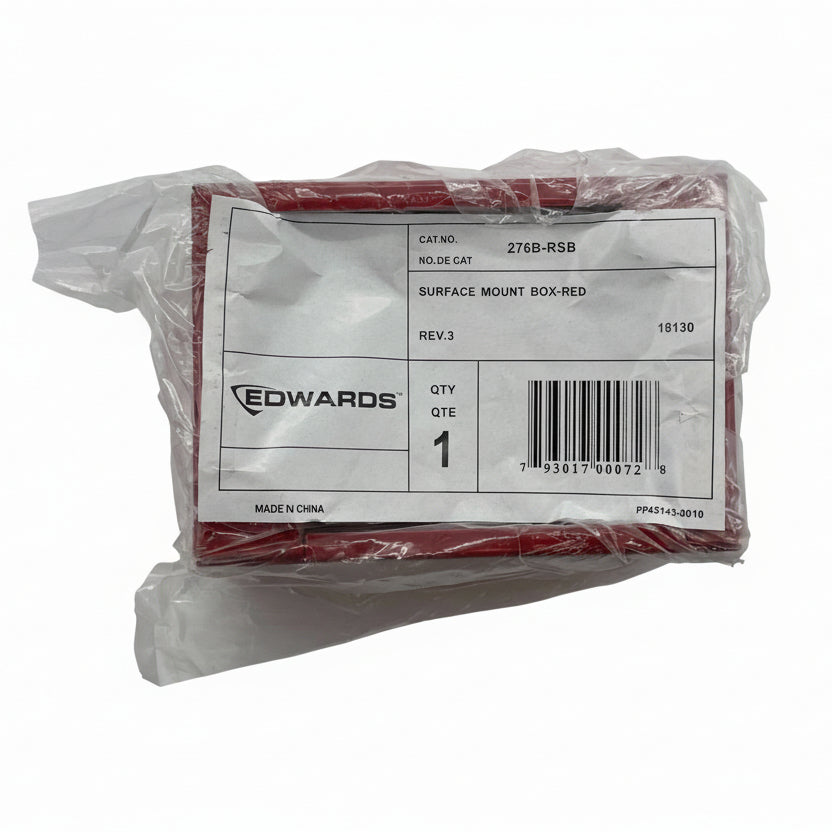 Edwards 276B-RSB backbox for fire alarm systems, shown in a metallic finish with mounting brackets.