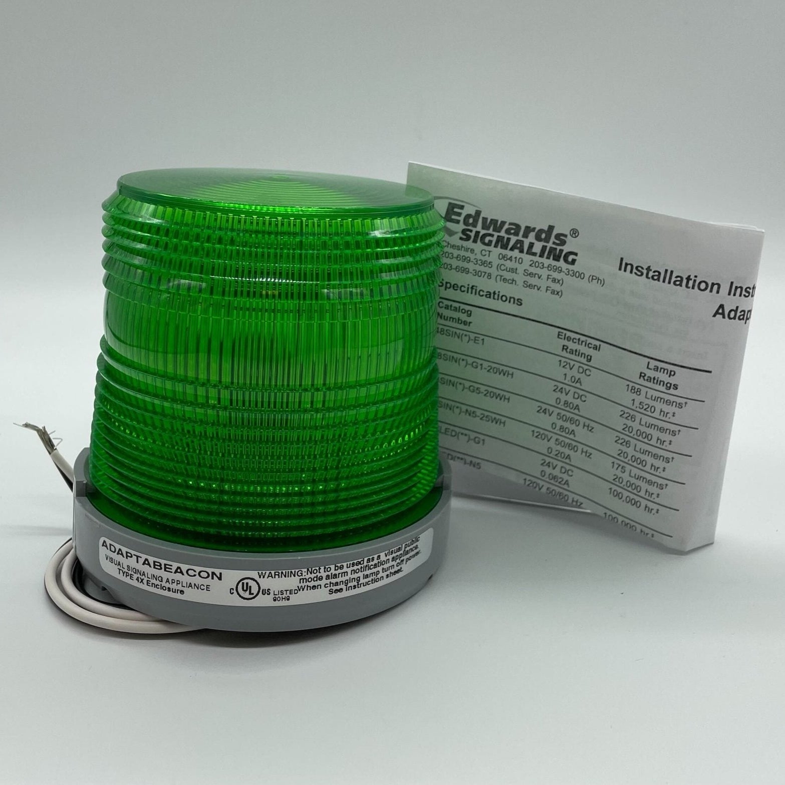 Edwards 48SING-N5-25WH beacon with white housing, mounted on a metal bracket, showing LED lights and wiring connections.