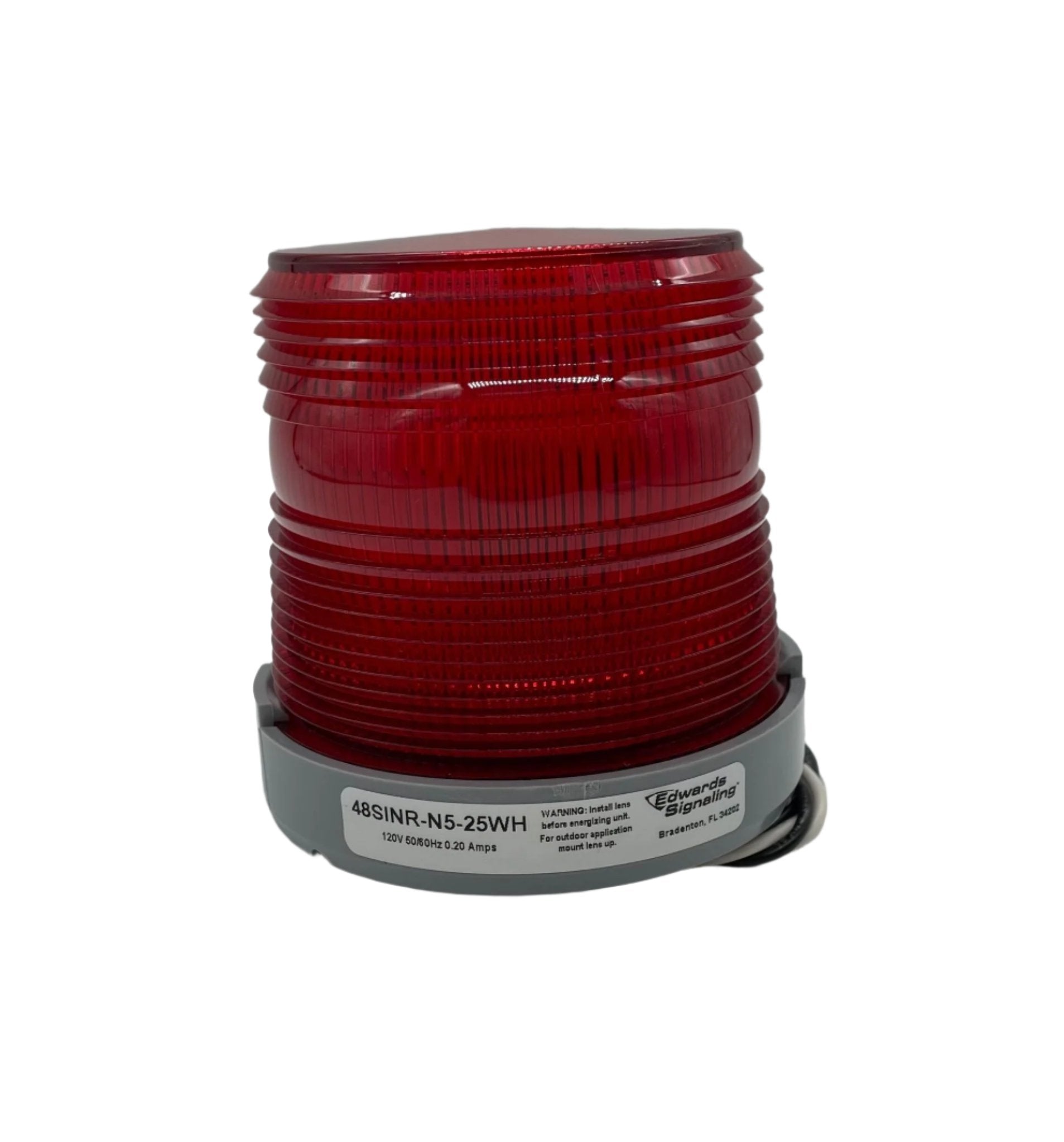Edwards 48SINR-N5-25WH beacon with multiple LED lights and clear lens, mounted on a white background.