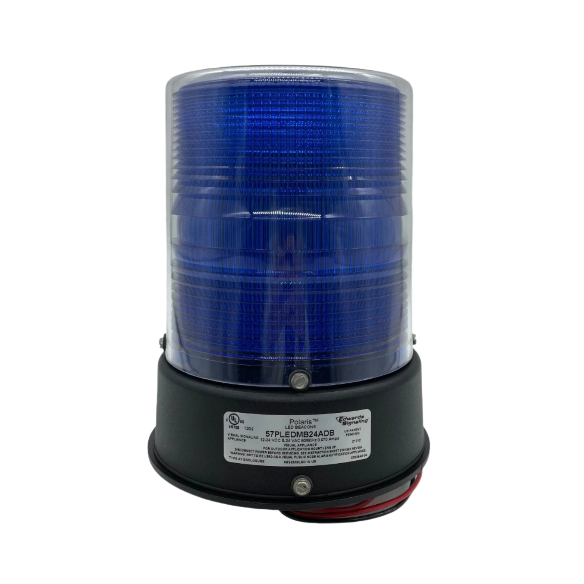 Edwards 57PLEDMB24ADB beacon with bright LED light, mounted on a wall for warning and signaling applications.