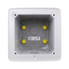 Edwards 757A-WBW fire alarm with white wiring base, mounted on a ceiling, in a commercial building setting
