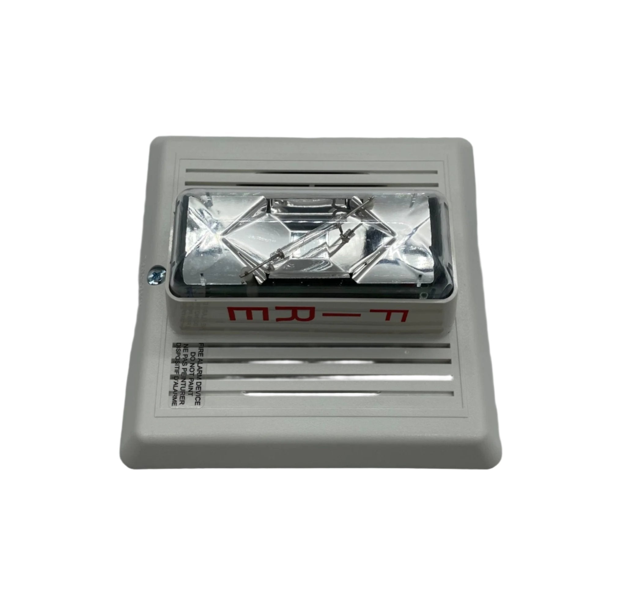 Edwards 757-8A-TW horn strobe alarm device mounted on a ceiling, with visible wiring and mounting bracket.