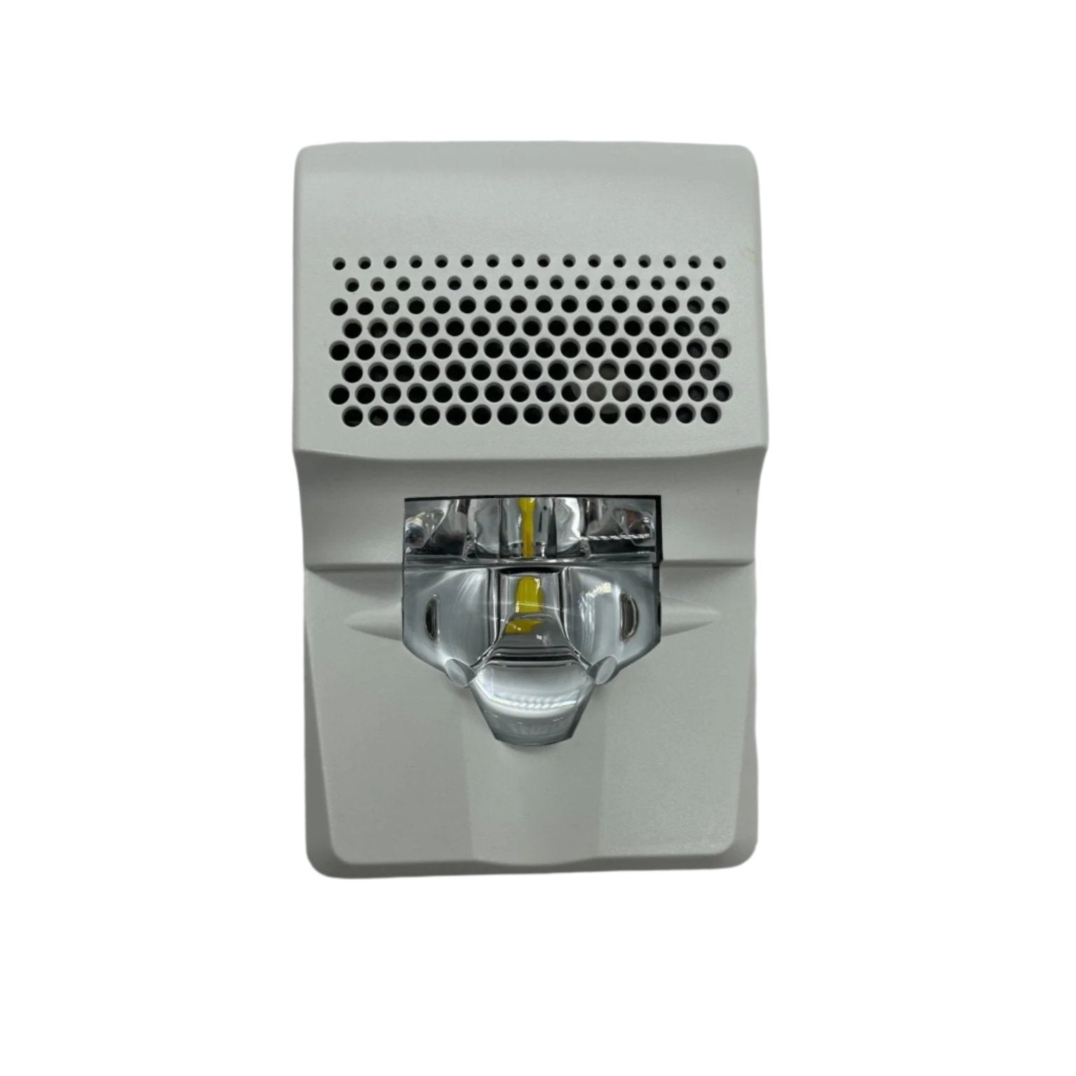 Edwards G1AVWN horn strobe alarm device mounted on wall, yellow color with speaker grille and strobe light for emergency alert.
