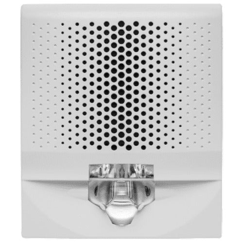 Edwards G4AVWN fire alarm with smoke detector and alarm horn mounted on wall, black and white color, typical safety device.