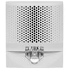 Edwards G4AVWN fire alarm with smoke detector and alarm horn mounted on wall, black and white color, typical safety device.