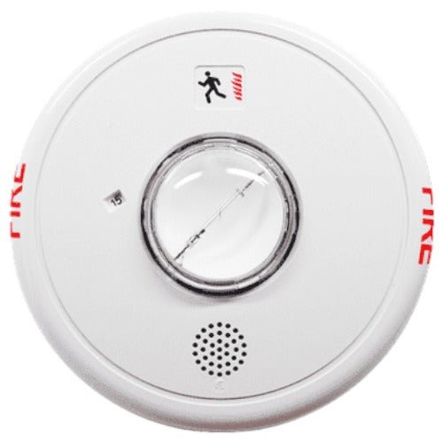 Edwards GCF-HDVMH horn strobe alarm with red housing and clear lens, mounted on wall, for visual and audible alert signaling