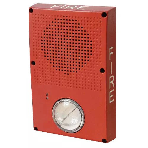 Edwards WG4RF-HVMC horn strobe alarm with red housing and mounting bracket, designed for fire and security systems.