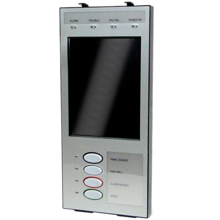 Edwards 4-LCD fire alarm with digital display and control buttons, mounted on wall, for fire detection and safety alert.