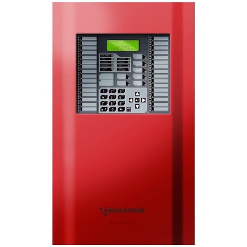 Edwards IO1000R fire alarm sensor mounted on ceiling, part of Edwards fire alarm system for safety and early fire detection