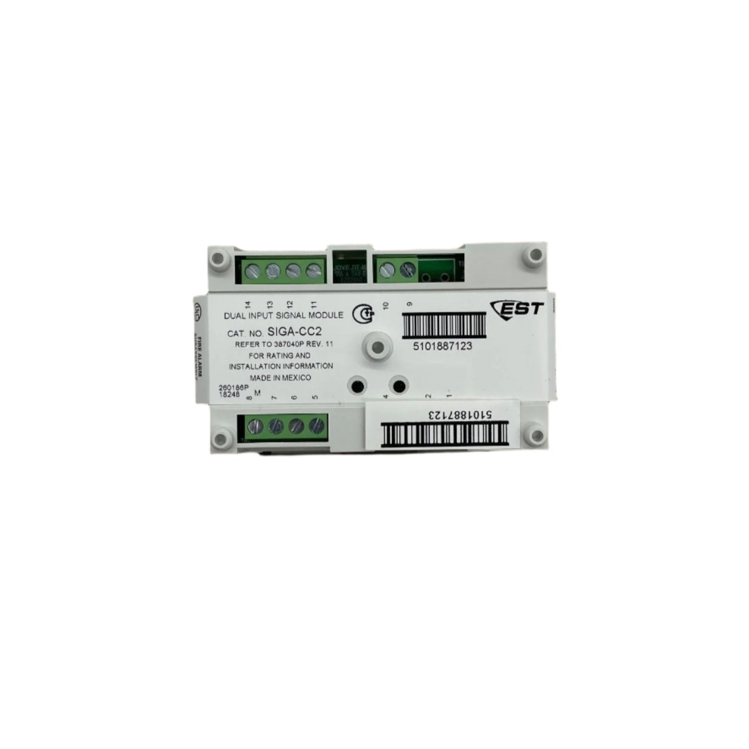 Edwards SIGA-CC2 module by Jem Systems, showing a compact industrial control component with connection ports and branding.
